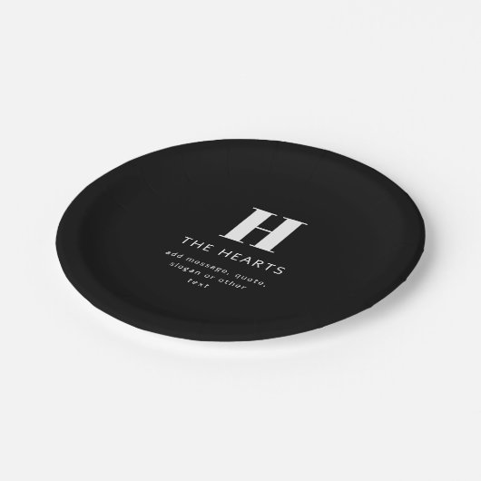 編集可能モダンモノグラム名とメッセージ |黒 ペーパープレート (アングル)