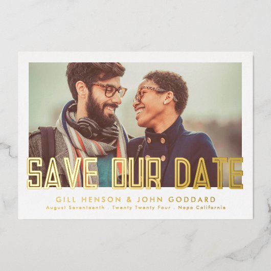 編集可能モダン写真はっきりした日付金ゴールドの保存 箔招待状 (正面)