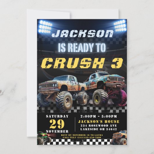 編集可能モンスタートラックボーイズ誕生日パーティー 招待状 (正面)