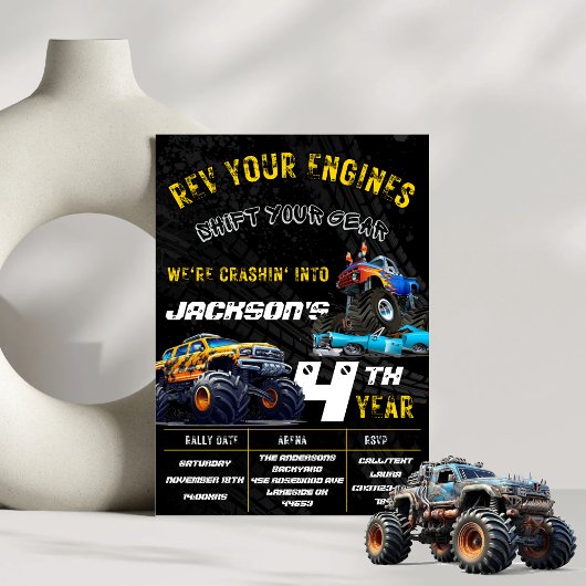 編集可能モンスタートラック誕生日パーティーの招待 招待状