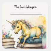 編集可能ユニコーンと書籍の蔵書票シール スクエアシール (正面)