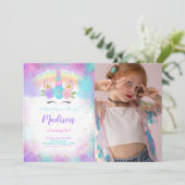 編集可能ユニコーン誕生日パーティフォト招待状 招待状 (スタンド正面)