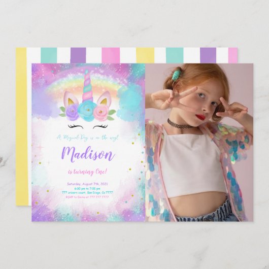 編集可能ユニコーン誕生日パーティフォト招待状 招待状 (正面/裏面)