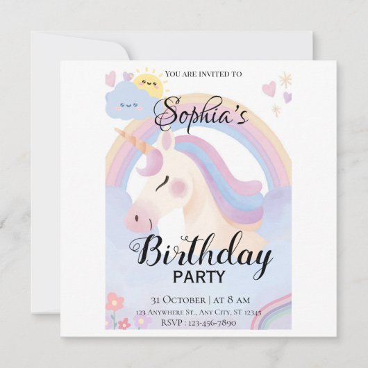 編集可能ユニコーン誕生日パーティーの招待 セーブザデート (正面)