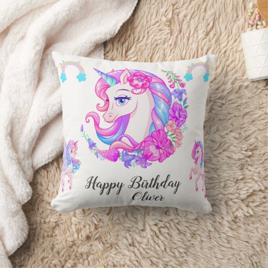 編集可能ユニコーン誕生日パーティー クッション (ブランケット)