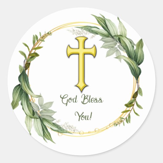 編集可能リーフリースとクロス神はあなたを祝福 ラウンドシール (正面)