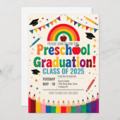 編集可能レインボーバンティングフラッグプリスクール卒業 招待状 (正面/裏面)