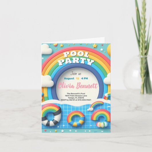 編集可能レインボープールパーティー誕生日サマースイム 招待状 (正面)