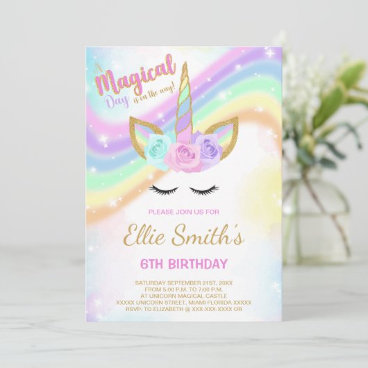 編集可能レインボーユニコーン誕生日招待状 招待状 (スタンド正面)