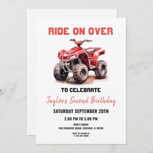編集可能レッドATVホイーラーバイク誕生日招待状 招待状 (正面/裏面)