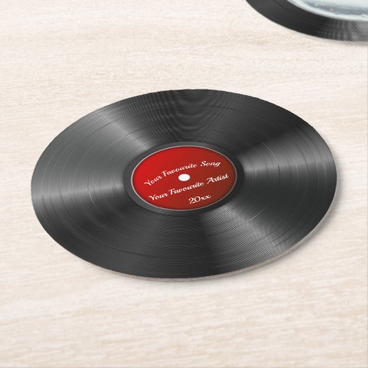 編集可能レトロビニールレコード(赤い中央) ラウンドペーパーコースター (アングル)