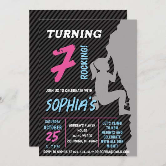 編集可能ロックガール登山誕生日パーティー 招待状 (正面/裏面)