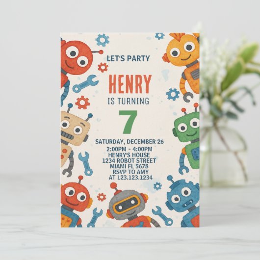 編集可能ロボット子供の誕生日招待状 招待状 (スタンド正面)