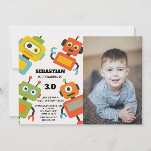 編集可能ロボット誕生日パーティーの招待 招待状 (正面)