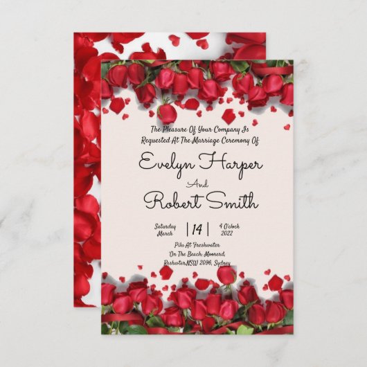 編集可能ロマンチック赤フローラ結婚式招待状 招待状 (正面/裏面)