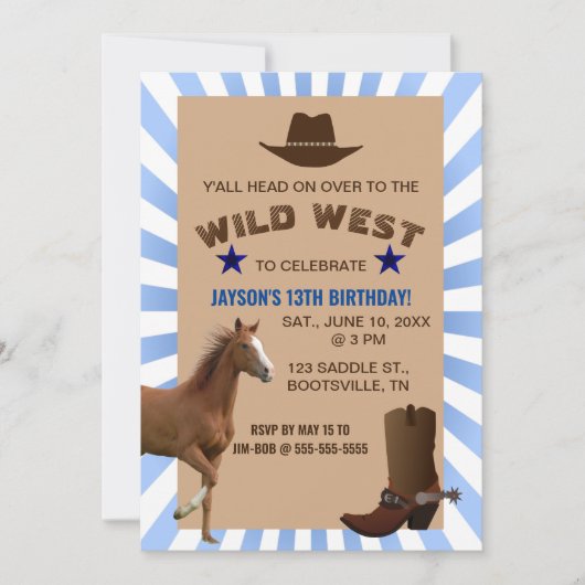 編集可能ワイルドウエストカウボーイ誕生日招待状 招待状 (正面)