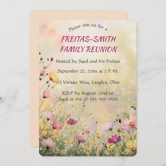編集可能ワイルドフラワーファミリー懇親会パーティー 招待状 (正面/裏面)