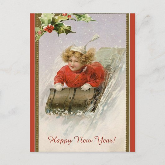 編集可能ヴィンテージガールスリディングハッピーニューイヤー ポストカード (正面)