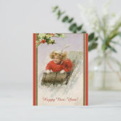 編集可能ヴィンテージガールスリディングハッピーニューイヤー ポストカード (スタンド正面)