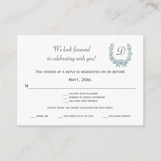 編集可能ヴィンテージセージグリーンフランスのリースRSVP エンクロージャーカード (正面)