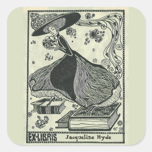 編集可能ヴィンテージ女性ステップオンブックス蔵書票 スクエアシール (正面)