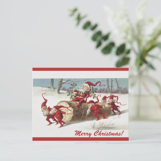 編集可能ヴィンテージ小人ログ上でSantaを移動 ポストカード (スタンド正面)