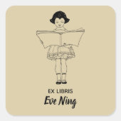 編集可能ヴィンテージ読小さな女の子の蔵書票 スクエアシール (正面)