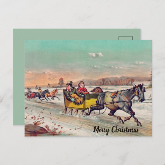 編集可能ヴィンテージ馬と乳母車クリスマス ポストカード (正面/裏面)