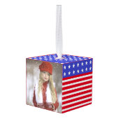 編集可能写真と赤と白ストライプの キューブオーナメント (裏面アングル)