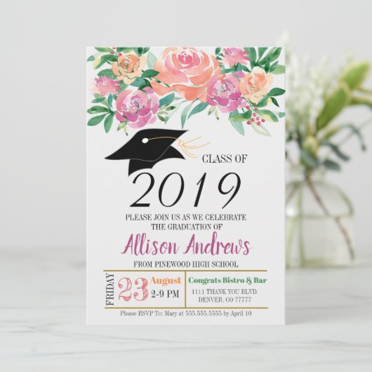 編集可能卒業の招待状-花柄 招待状 (スタンド正面)