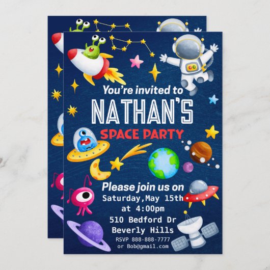 編集可能宇宙パーティの招待状 招待状 (正面/裏面)