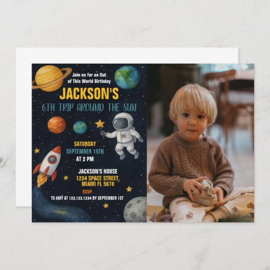 編集可能宇宙誕生日カード(写真あり) 招待状 (正面/裏面)