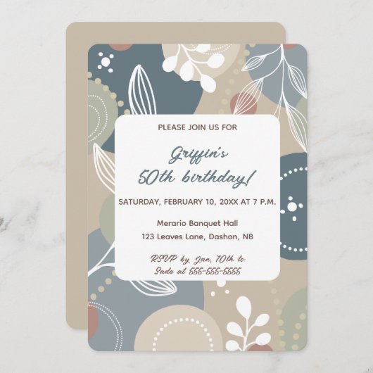 編集可能抽象芸術ブルーとベージュの離れ誕生日 招待状 (正面/裏面)