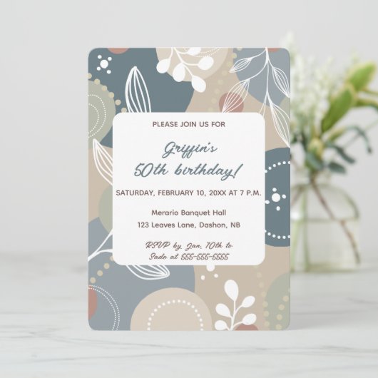 編集可能抽象芸術ブルーとベージュの離れ誕生日 招待状 (スタンド正面)