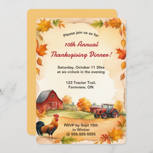 編集可能秋ファームロースタートラクターサンクスギビング 招待状 (正面/裏面)