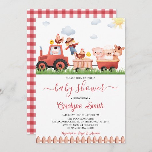 編集可能納屋周囲の庭ファーム動物ベビーシャワー 招待状 (正面/裏面)