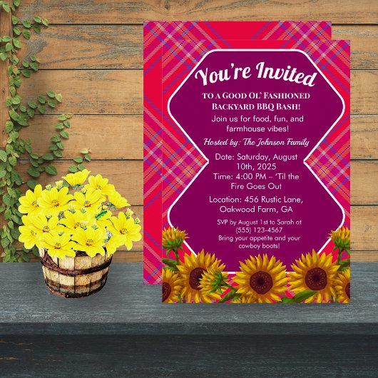 編集可能納屋周囲の庭BBQクックアウト招待状ギンガムレッド 招待状