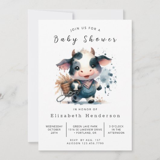編集可能素朴おもしろいカウベビーシャワー 招待状 (正面)