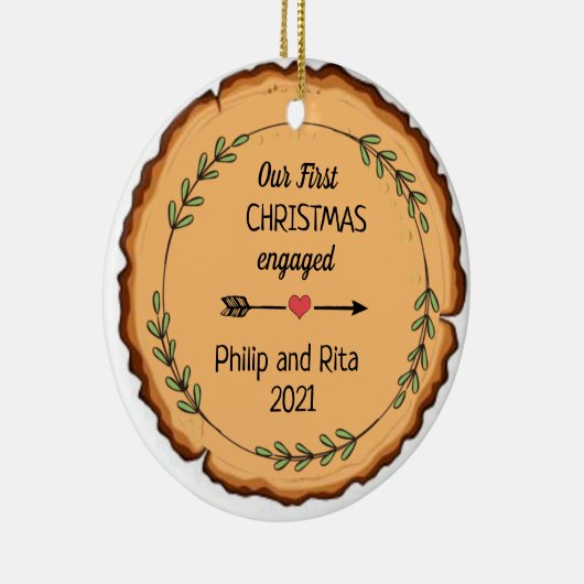 編集可能素朴初めてのクリスマス婚約した セラミックオーナメント (右)