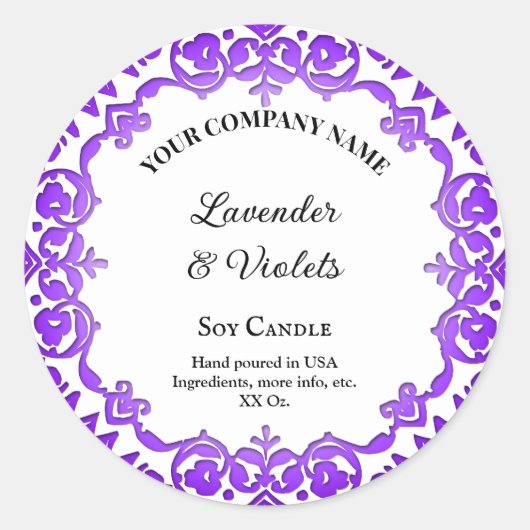 編集可能素朴紫フローラヴィンテージろうそく ラウンドシール (正面)