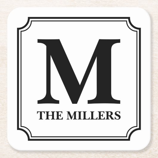 編集可能色の姓/バー/ダイナーのモノグラム スクエアペーパーコースター (正面)
