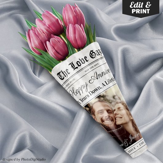 編集可能記念日の新聞フラワーブーケ ラッピングペーパーシート