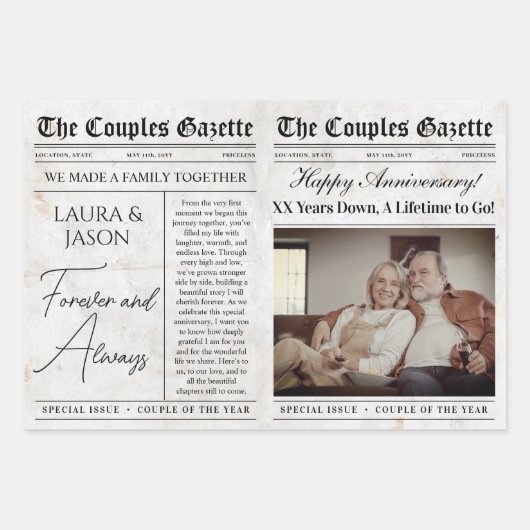 編集可能記念日の新聞フラワーブーケ ラッピングペーパーシート (正面)