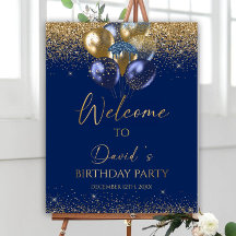 編集可能誕生日ウェルカムサイン、青と金ゴールドボール