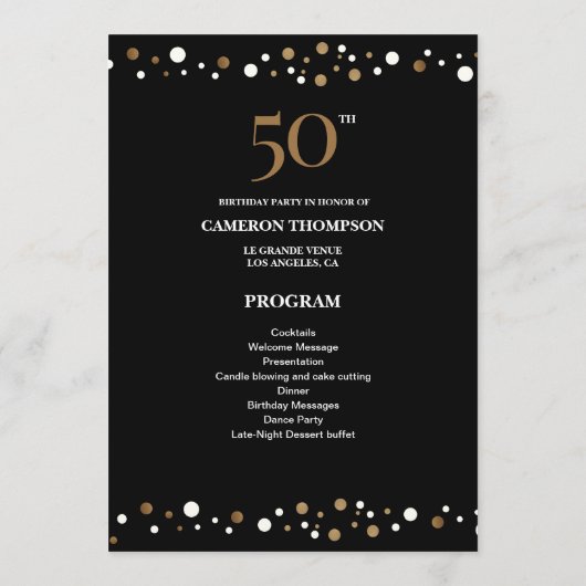 編集可能金ゴールドと黒紙吹雪50歳の誕生日 プログラム (裏面)