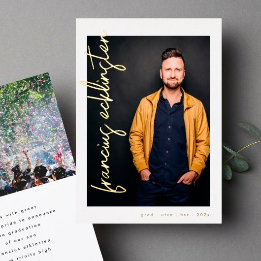 編集可能金ゴールド名写真大学卒業 箔招待状