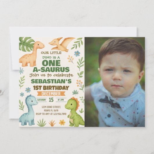 編集可能Dinoパーティー招待状(写真あり) シーズンカード (正面)