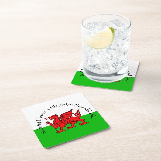 編集文字ウェールズ国旗の赤いドラゴンクリスマス スクエアペーパーコースター (インサイチュ)