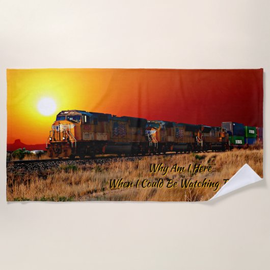 編集文字名を追加サンセットディーゼル機関車列車 ビーチタオル (正面)