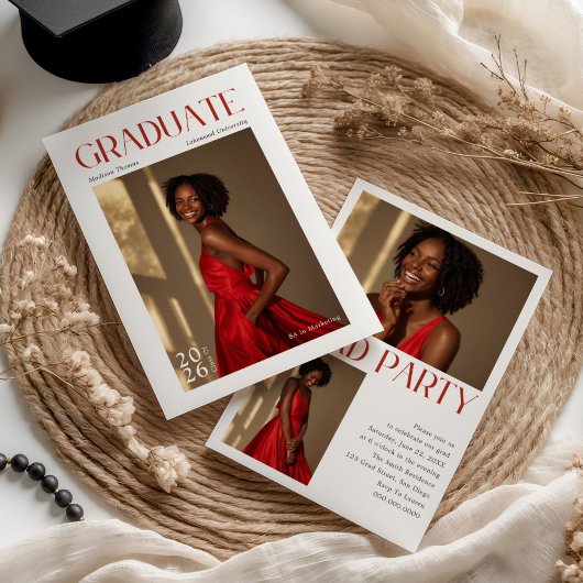 編集部レッドタイポグラフィ卒業式招待状 招待状